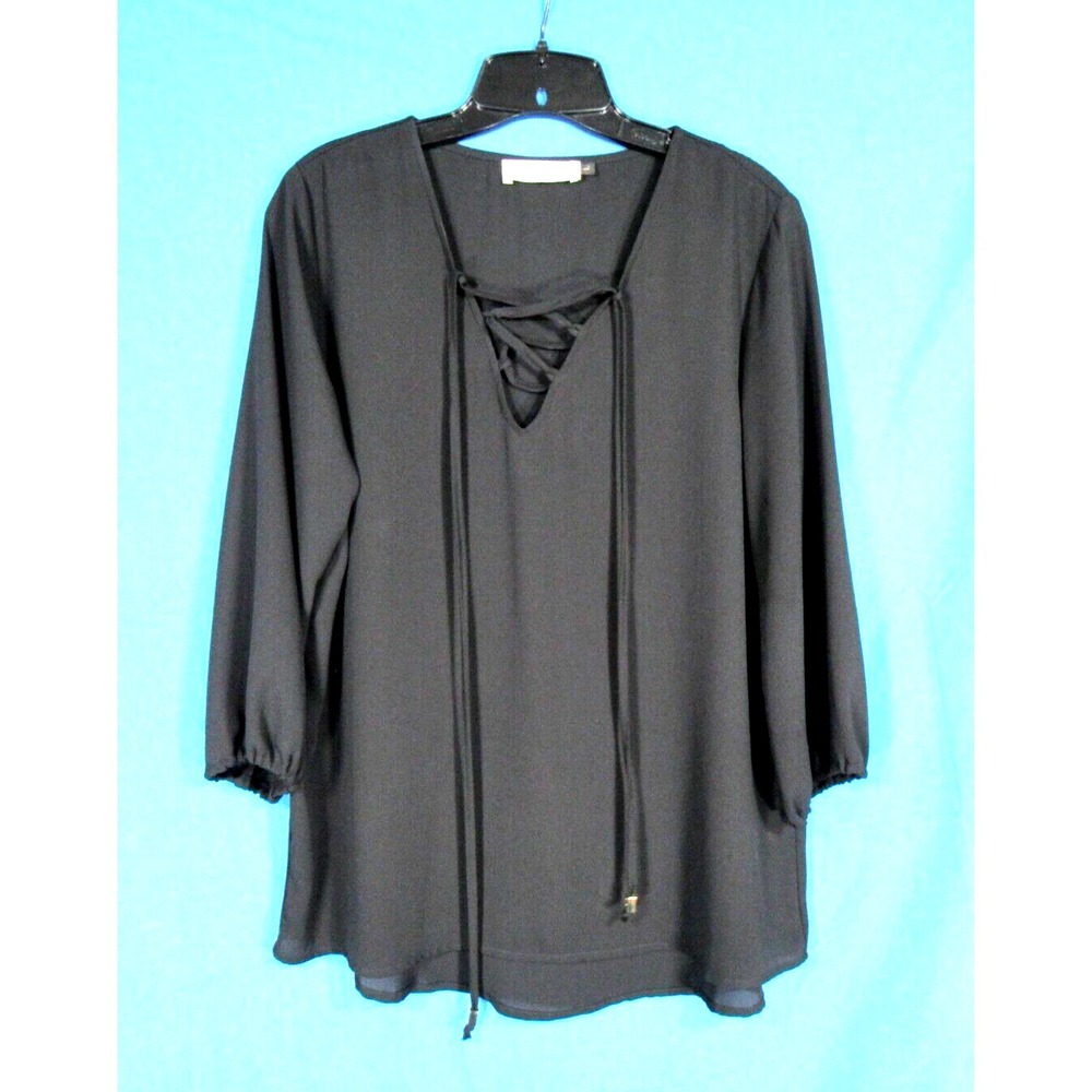 VERONICA M Dressy Thin CREPE Pullover CRISS CROSS NECKLINE Black Blouse/Top Sz L